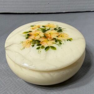 Vintage Italian Alabaster Lidded Round Trinket Box Floral Design Hand Painted